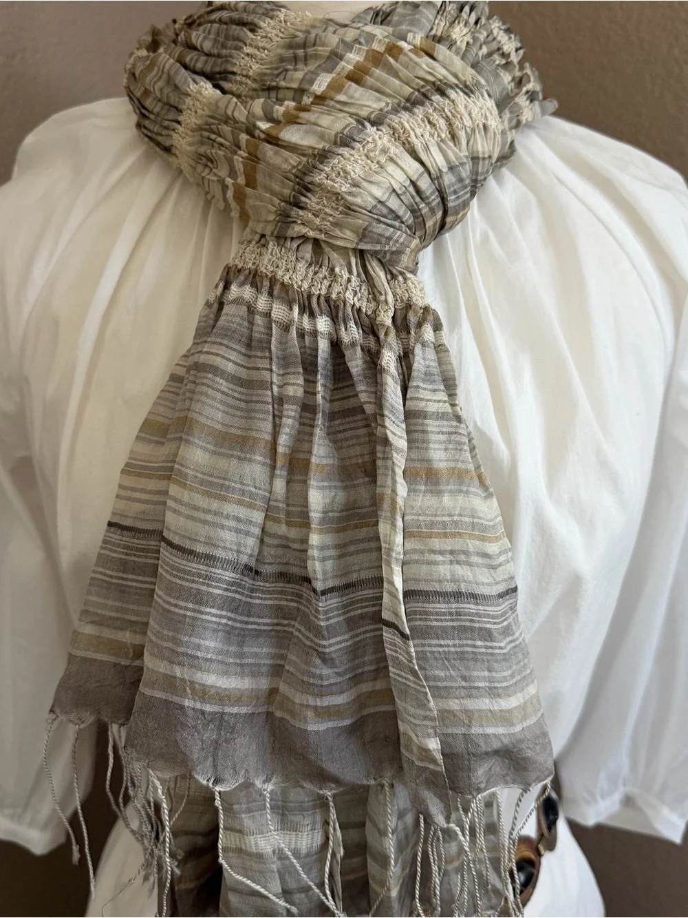 Eileen Fisher 100% Silk Crinkle Scarf Wrap Gray Taupe Stripe Fringe MSRP $179
